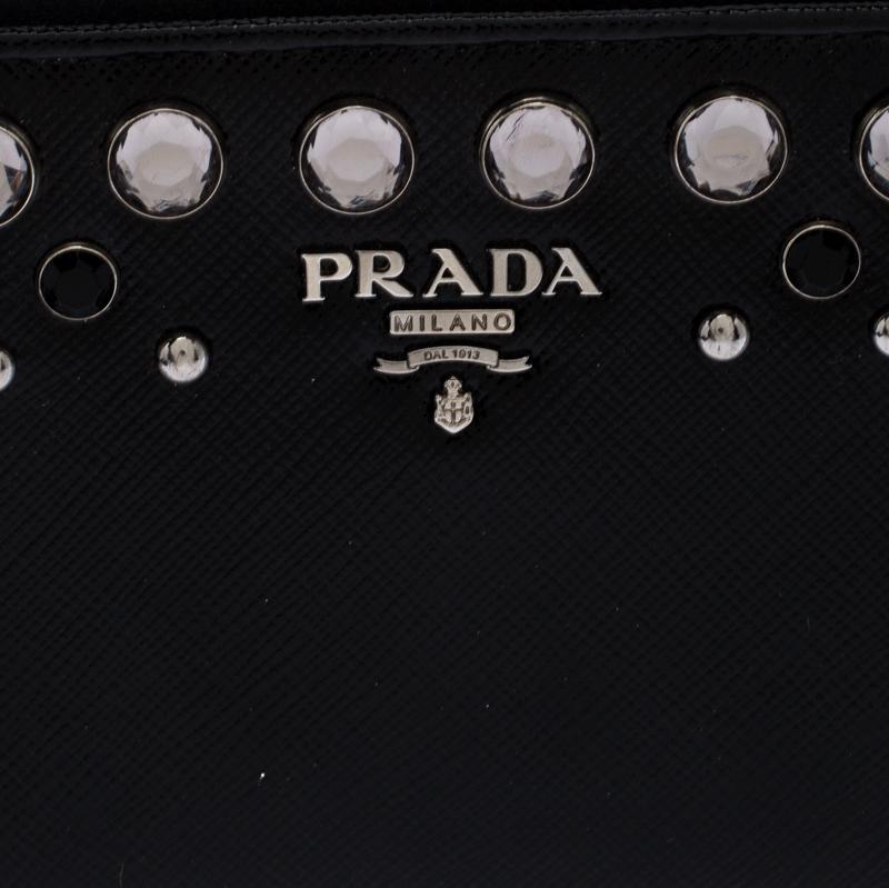 Prada Black Crystal Embellished Leather Zip Around Wallet 5
