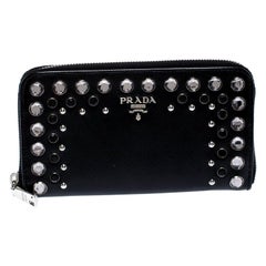 Prada Black Crystal Embellished Leather Zip Around Wallet