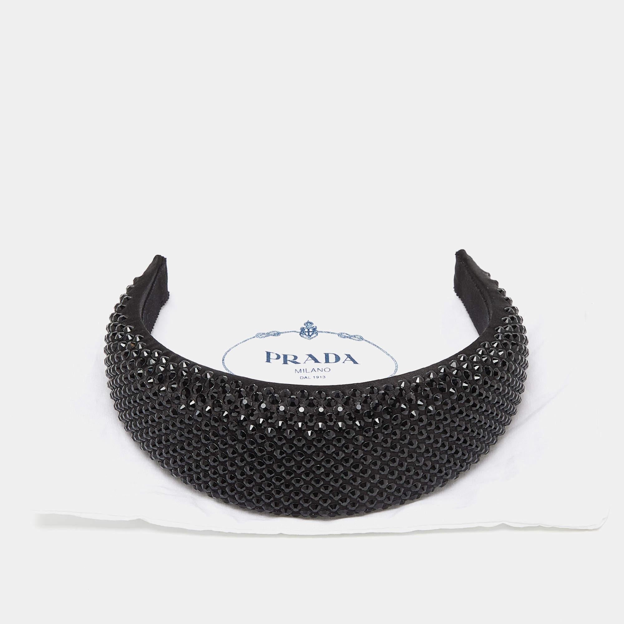 Prada Schwarzes breites, kristallverziertes, breites Satin-Kopfband Damen