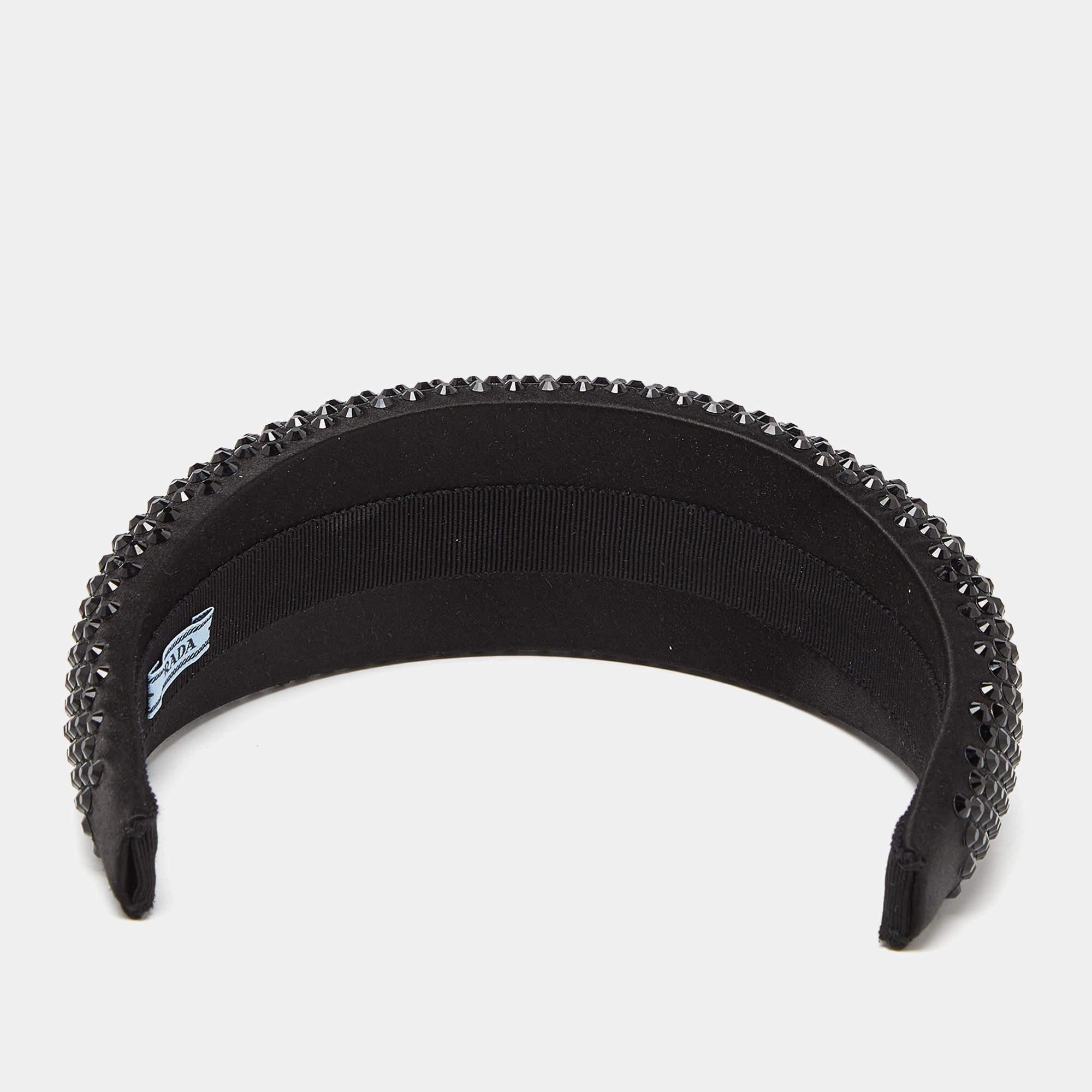 Prada Black Crystal Embellished Satin Wide Headband 2