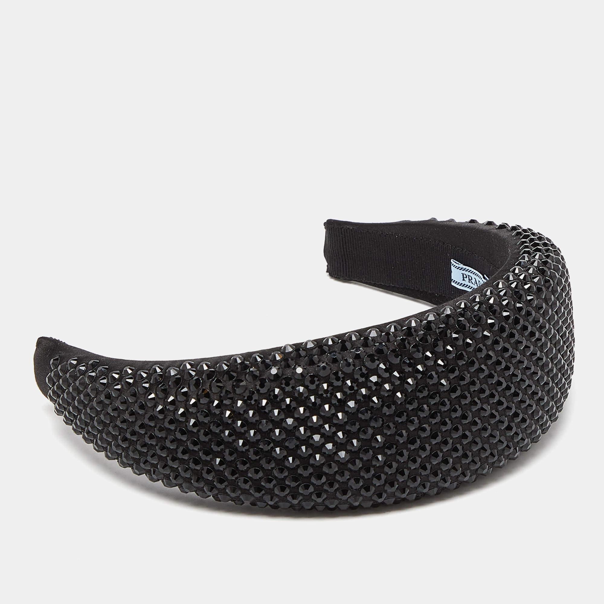 Prada Black Crystal Embellished Satin Wide Headband 3