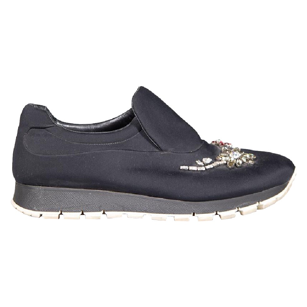 Prada Black Crystal Embellished Slip-On Trainers Size IT 38.5