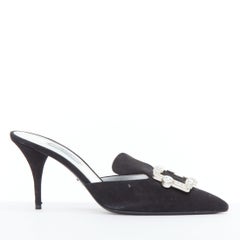 PRADA black crystal rectangle buckle suede leather mules EU39