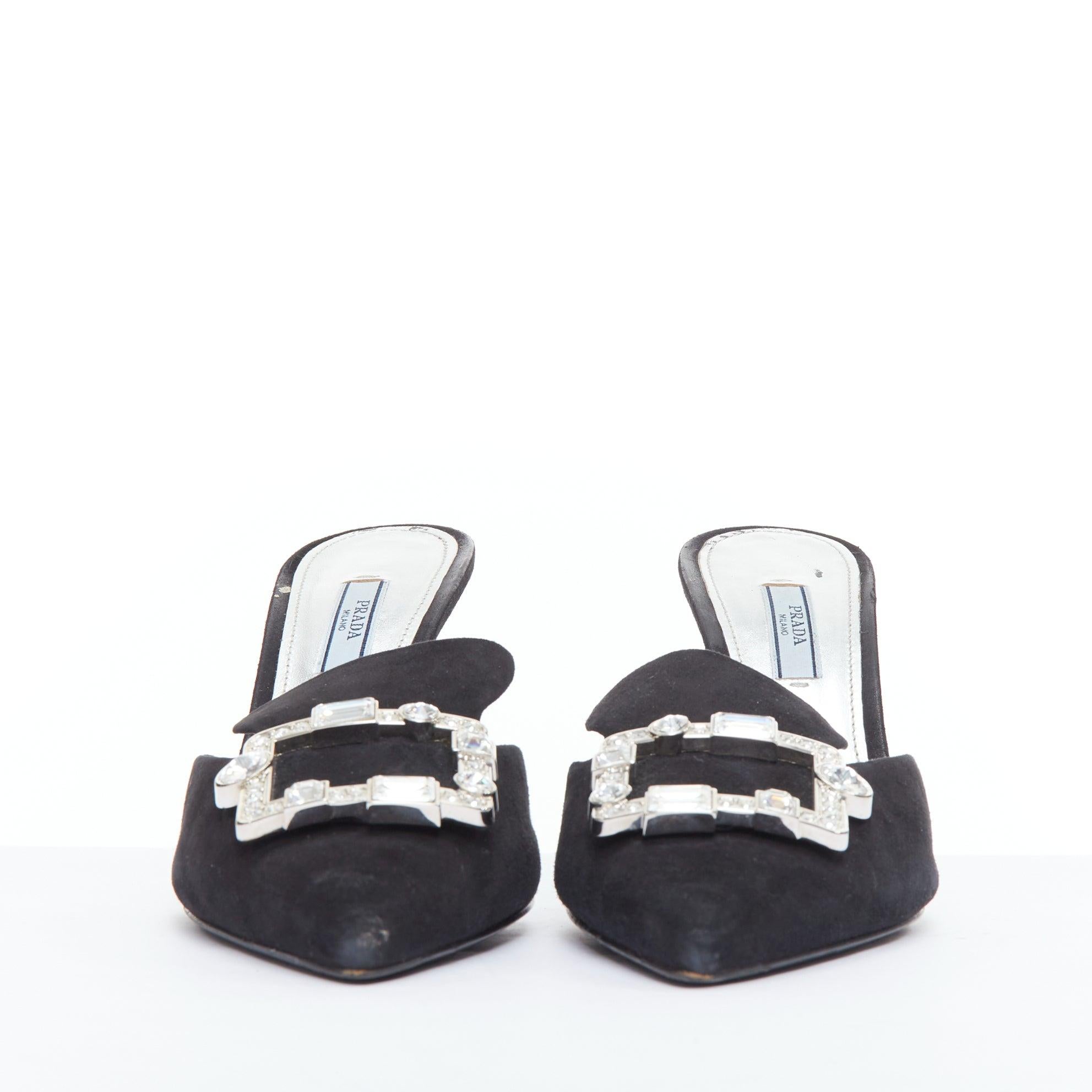 Noir PRADA mules en cuir velouté avec boucle rectangulaire en cristal noir EU39 en vente