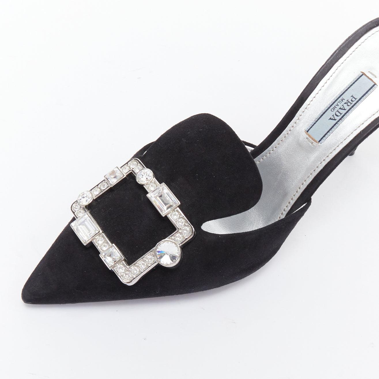 PRADA mules en cuir velouté avec boucle rectangulaire en cristal noir EU39 en vente 2
