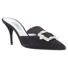 PRADA black crystal rectangle buckle suede leather mules EU39