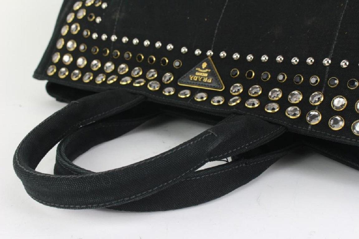 Prada Black Crystal Stud Canapa Tote Bag 99pr76 In Good Condition In Dix hills, NY