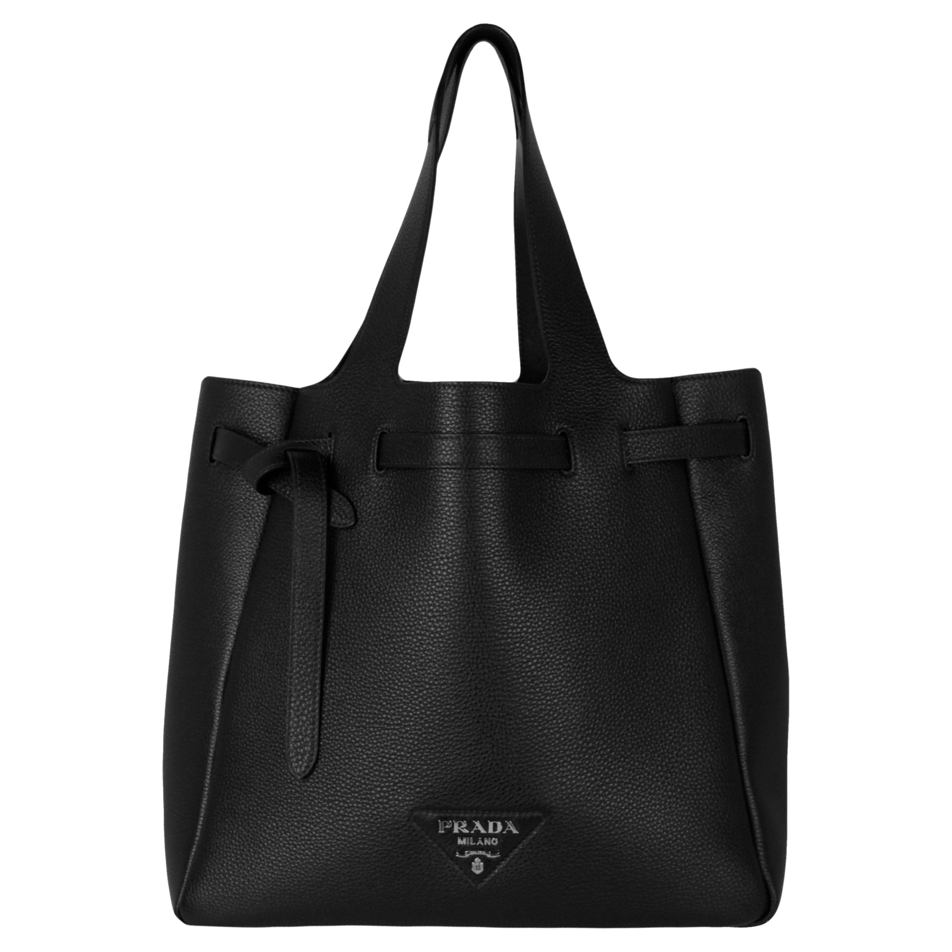 Prada Black Daino Soft Leather Dynamique Belted Tote Bag 1BG339