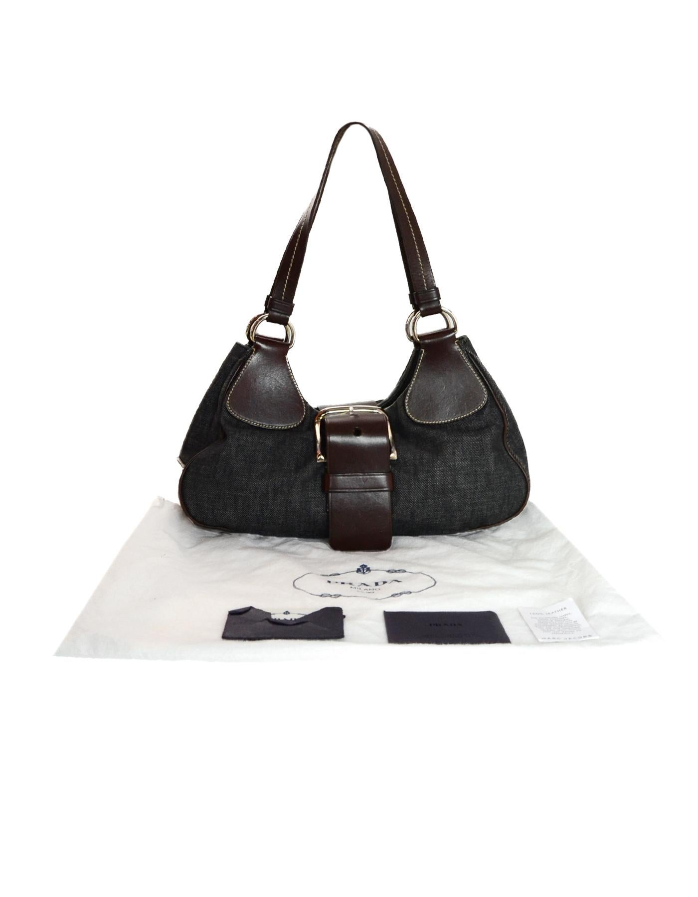 Prada Black Denim/Brown Leather Buckle Shoulder Bag 4