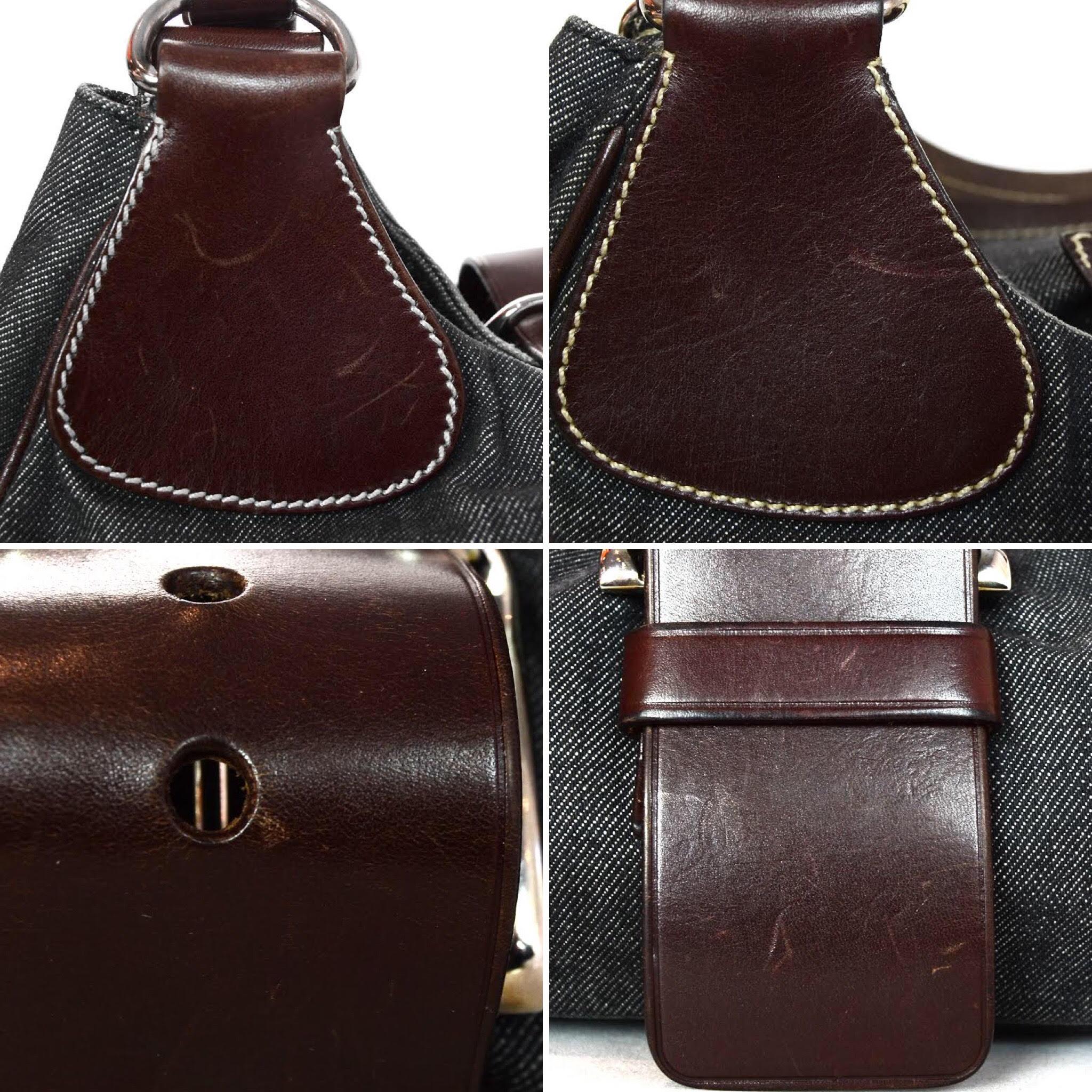 Women's Prada Black Denim/Brown Leather Buckle Shoulder Bag