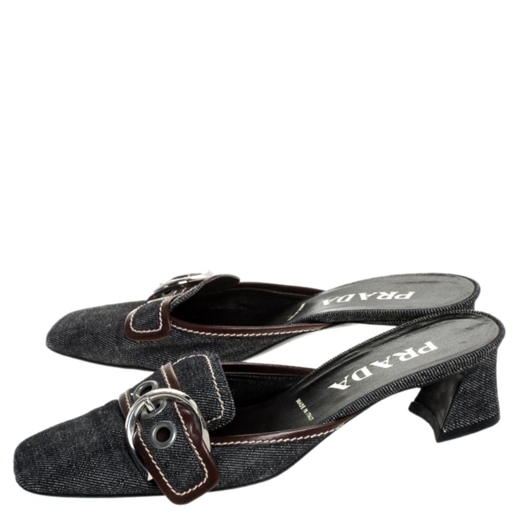 Prada Black Denim Buckle Mule Sandals Size 38 In Good Condition In Dubai, Al Qouz 2