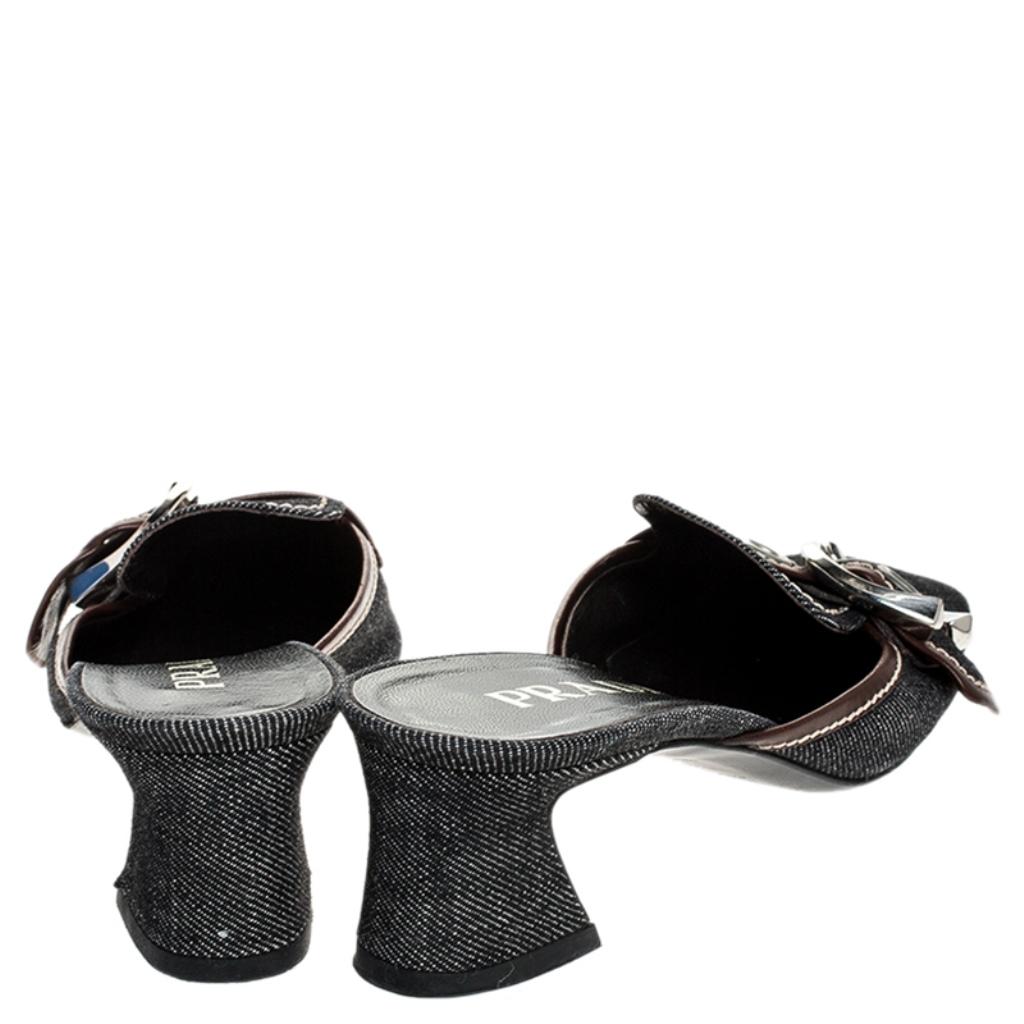 Women's Prada Black Denim Buckle Mule Sandals Size 38