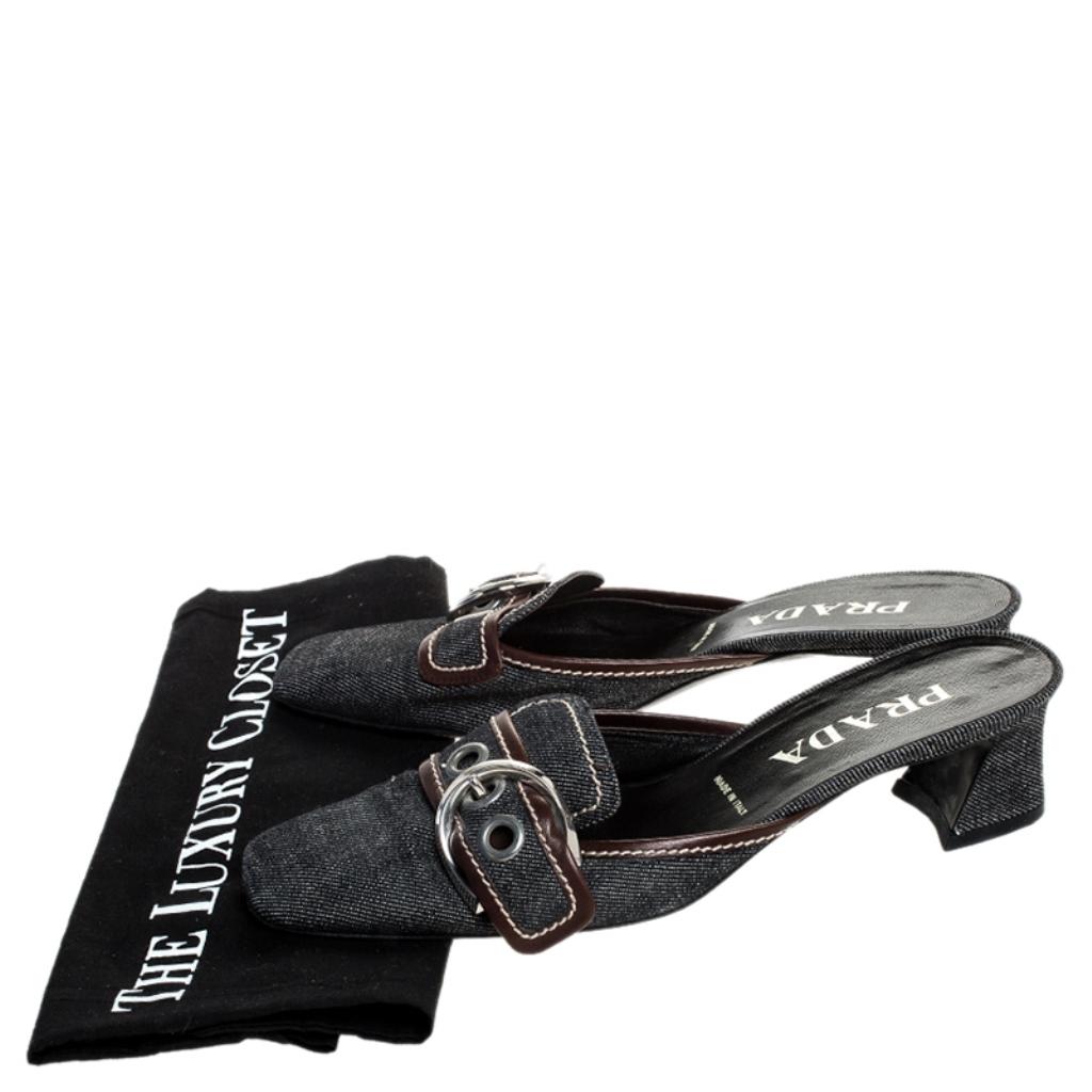 Prada Black Denim Buckle Mule Sandals Size 38 3