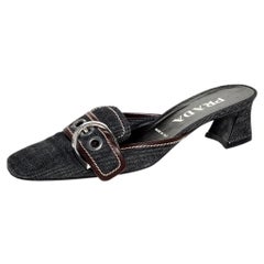 Prada Black Denim Buckle Mule Sandals Size 38
