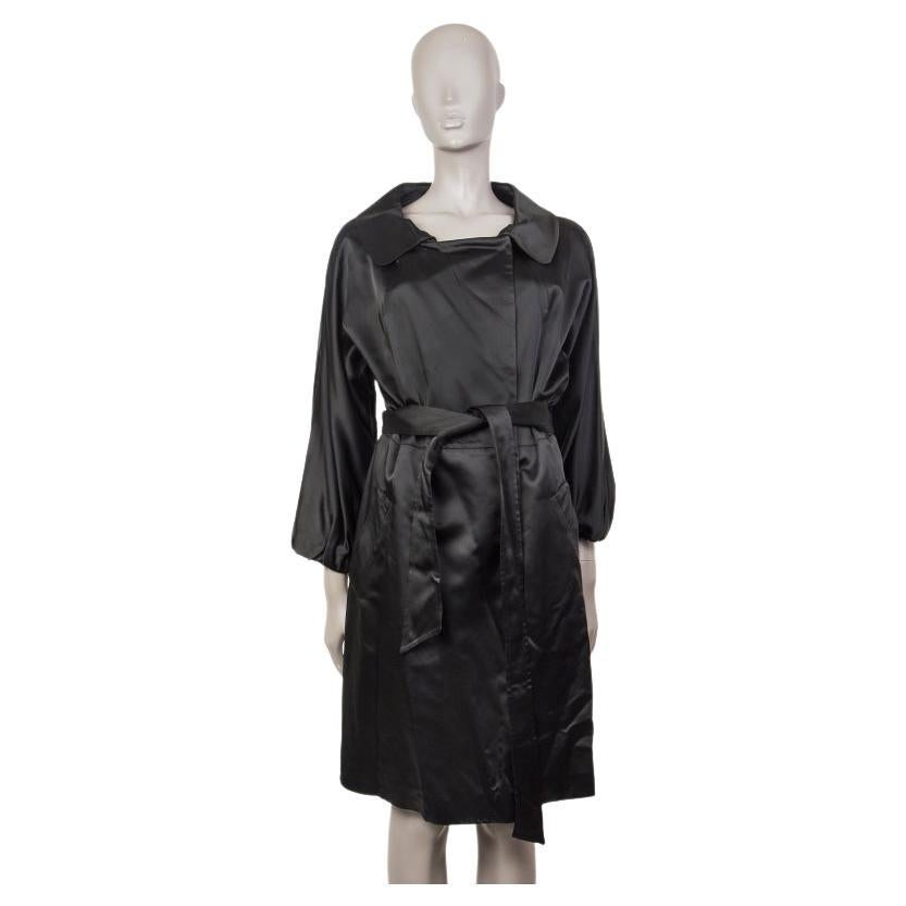 PRADA black DOUBLE BREASTED BELTED SATIN Coat Jacket 48 XXL For Sale