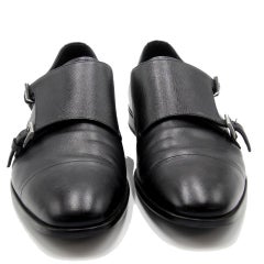 Prada Black Double Saffiano Leather Monk Mens Elegant Formal Shoes