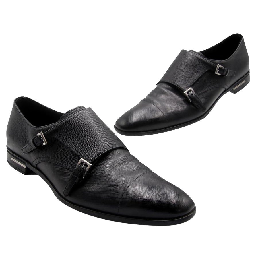 Prada Negro Doble Saffiano Cuero Monk Hombres Elegantes Zapatos Formales en venta
