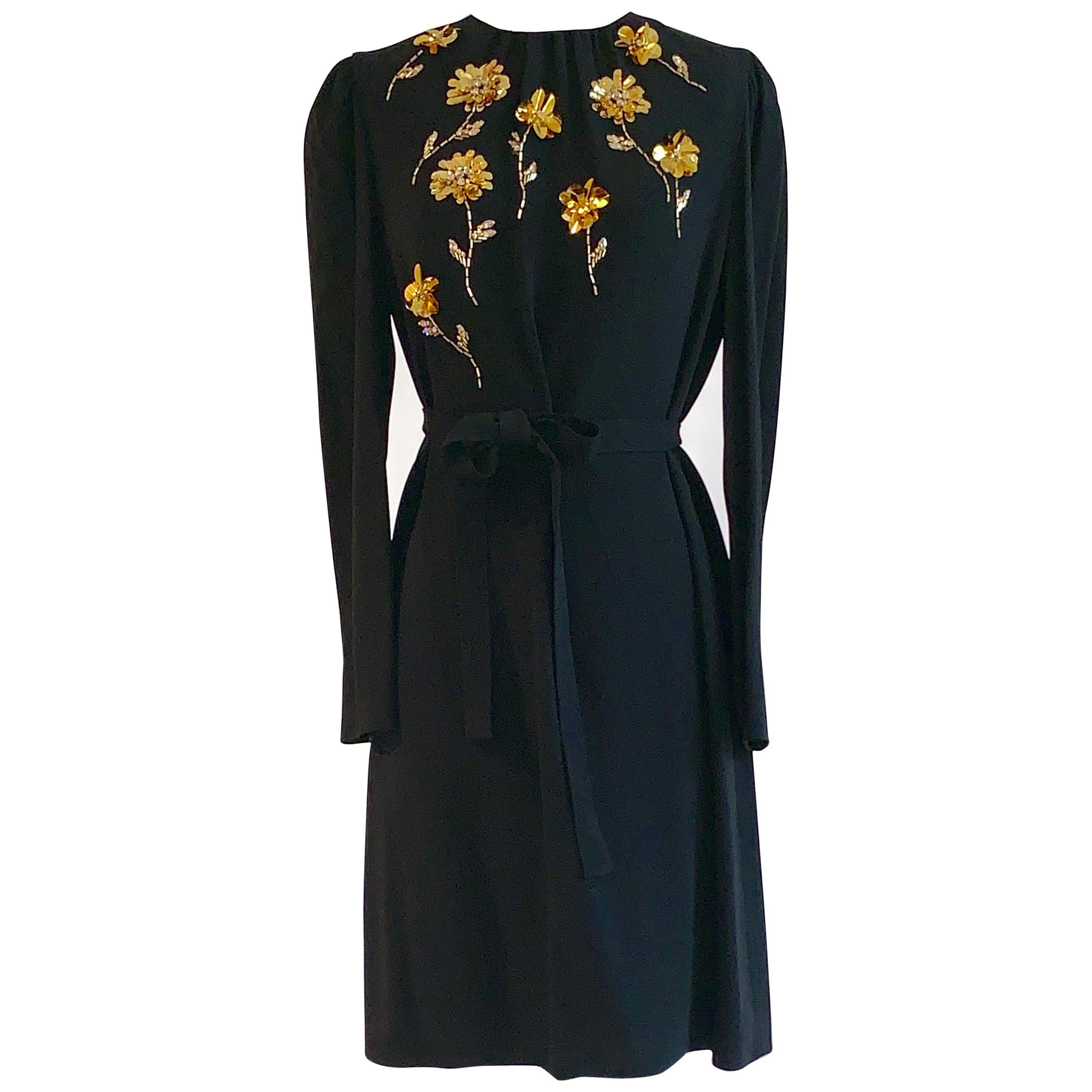 Prada Black Dress with Gold Floral Beadwork Long Sleeve Shift with Tie Belt