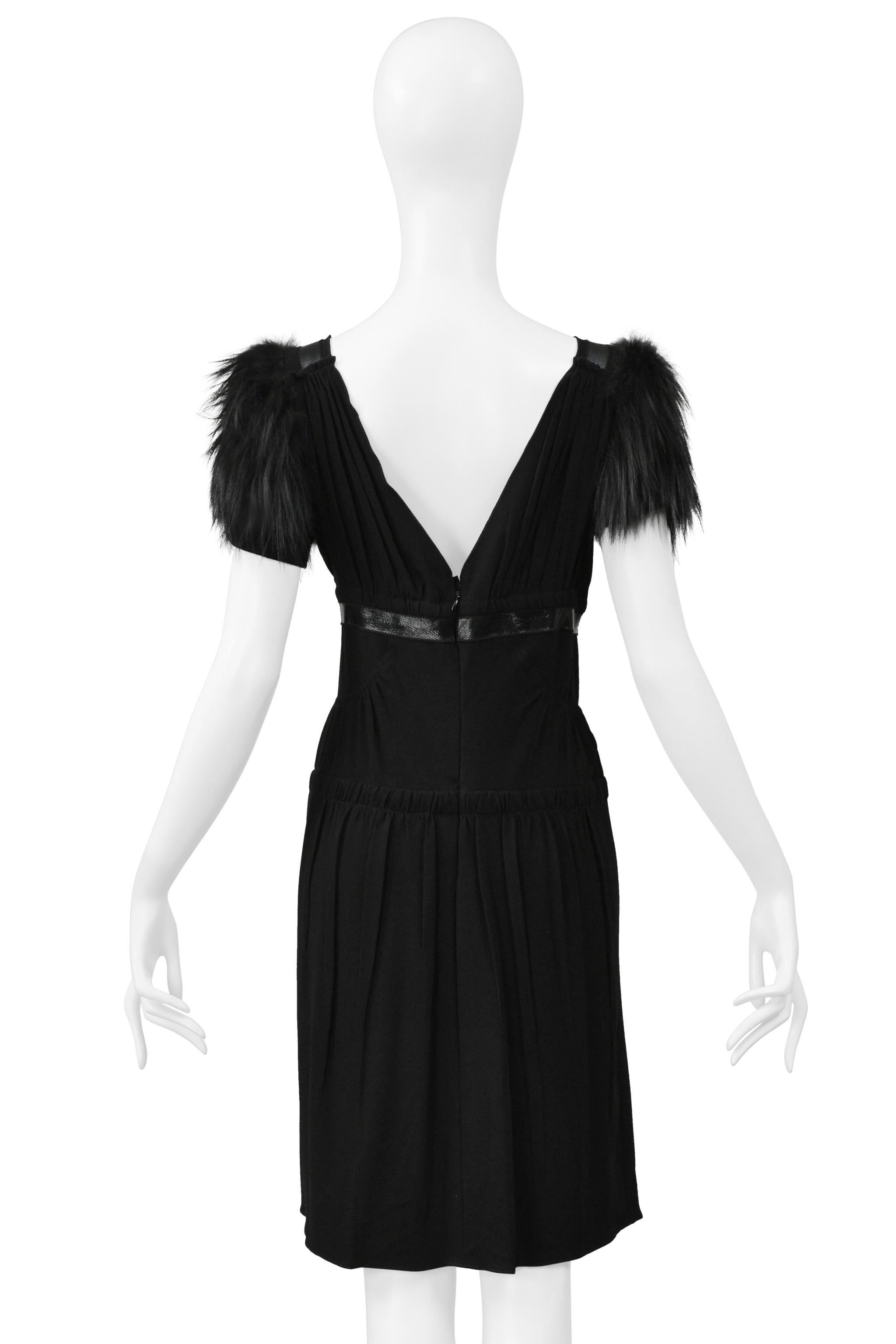 Prada Black Dress With Leather Trim & Fur Sleeves For Sale 6