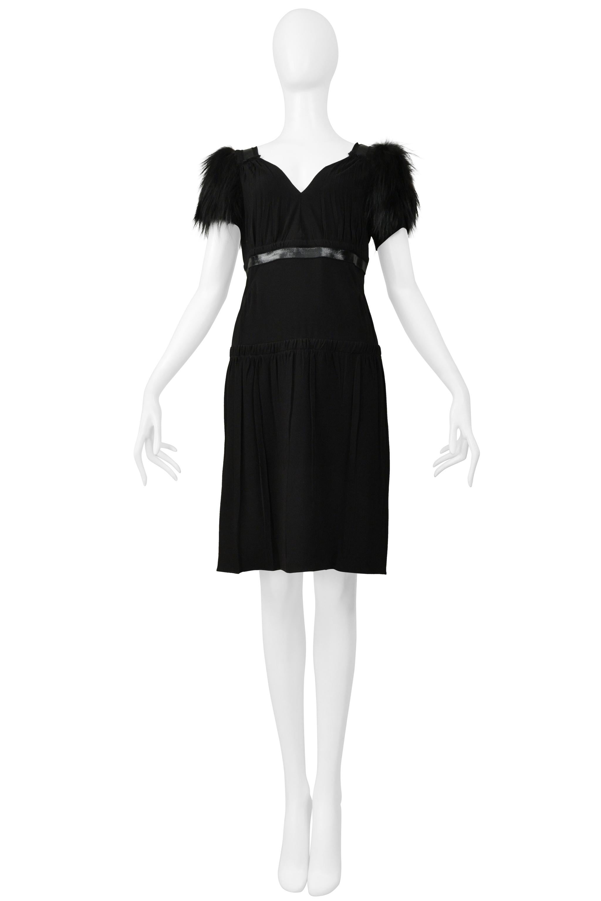 Prada Black Dress With Leather Trim & Fur Sleeves In Excellent Condition For Sale In Los Angeles, CA