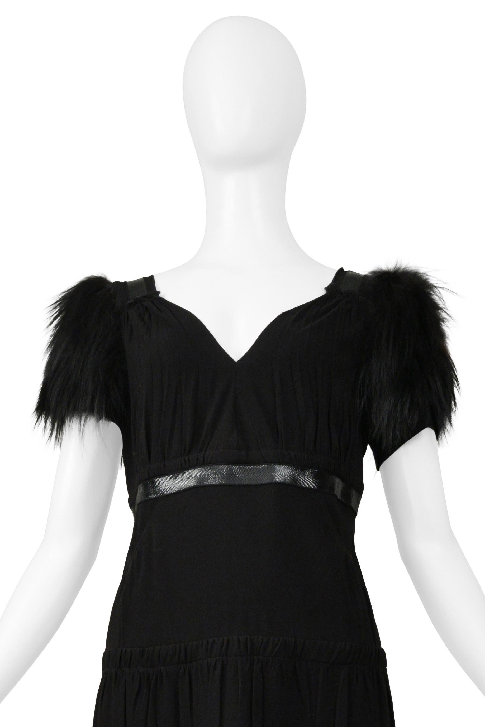 Women's Prada Black Dress With Leather Trim & Fur Sleeves For Sale