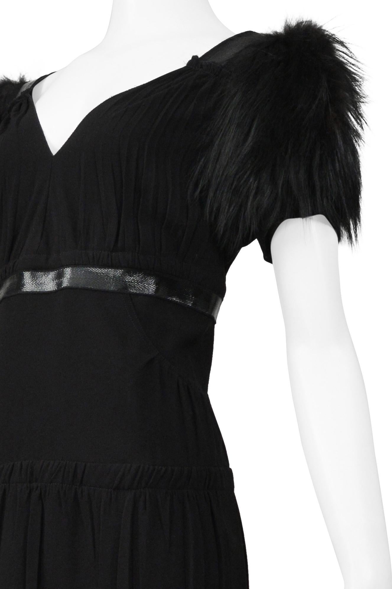 Prada Black Dress With Leather Trim & Fur Sleeves For Sale 1
