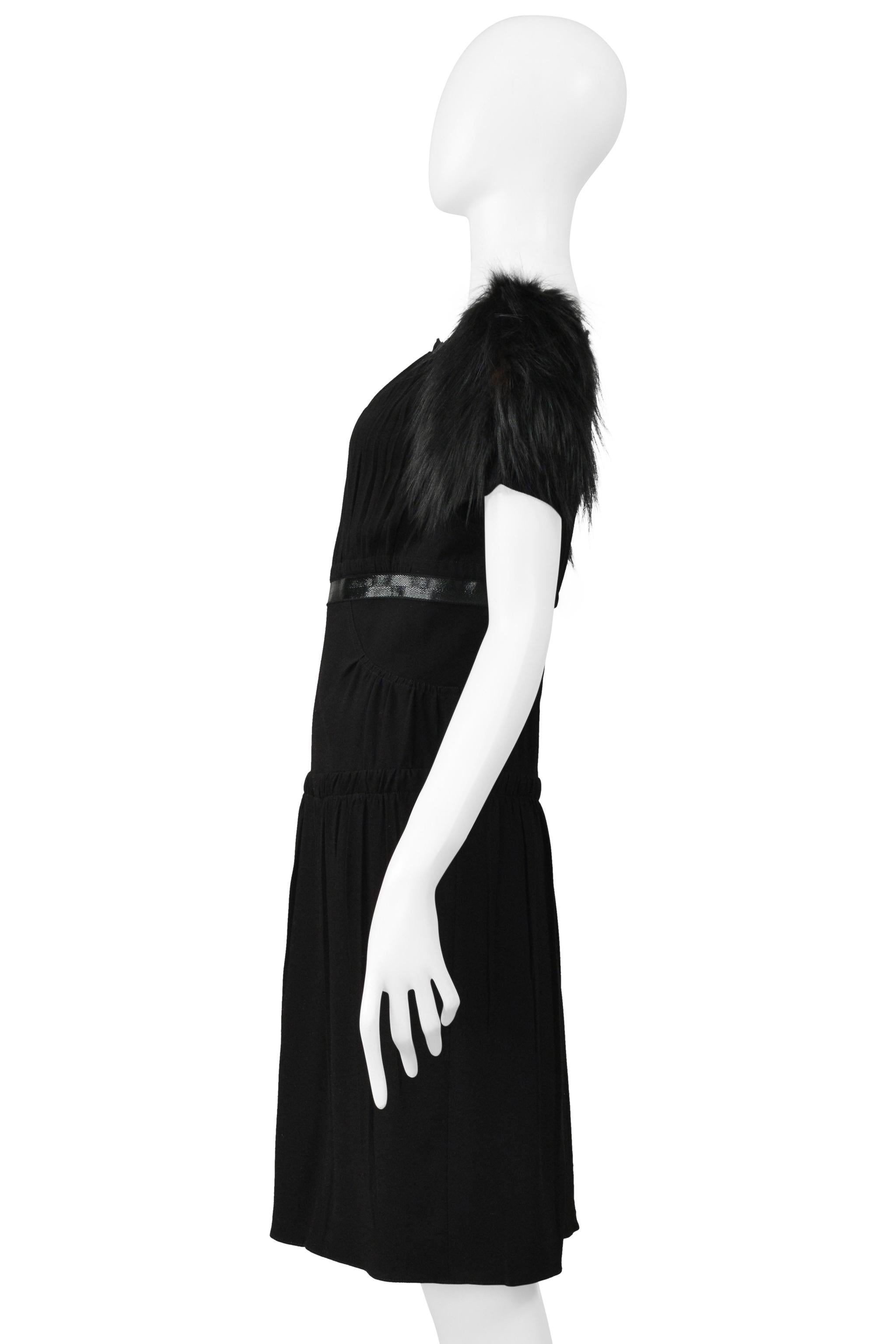 Prada Black Dress With Leather Trim & Fur Sleeves For Sale 3