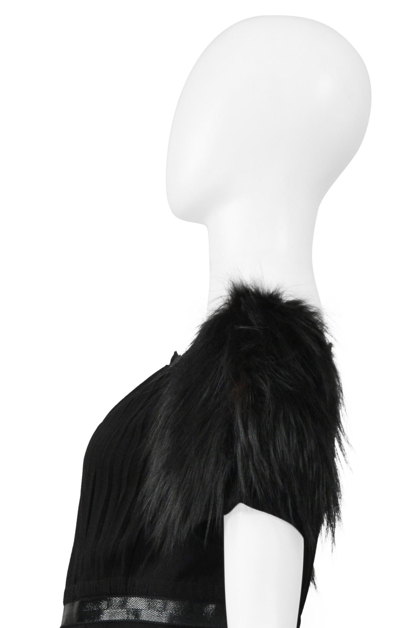Prada Black Dress With Leather Trim & Fur Sleeves For Sale 4
