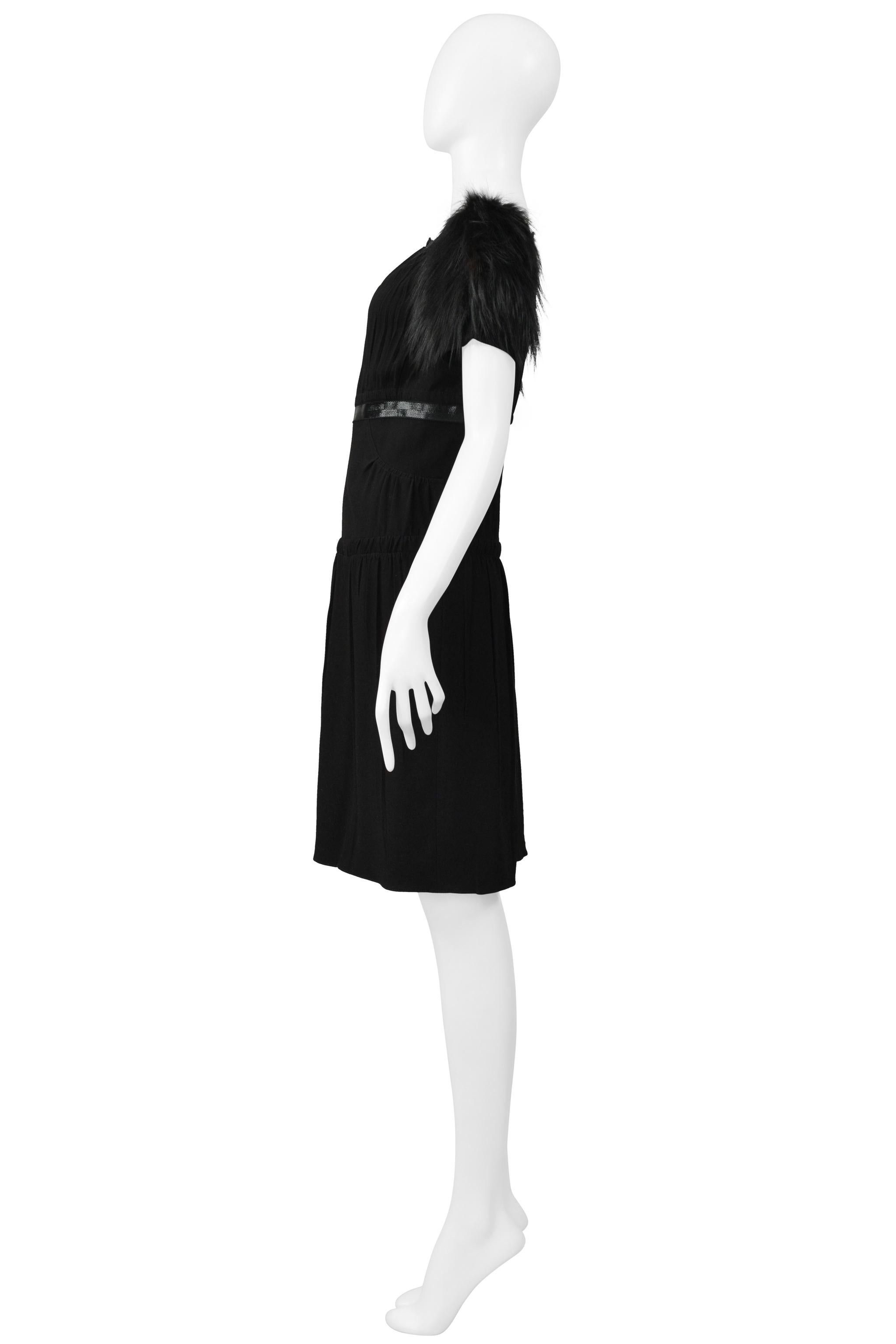 Prada Black Dress With Leather Trim & Fur Sleeves For Sale 5