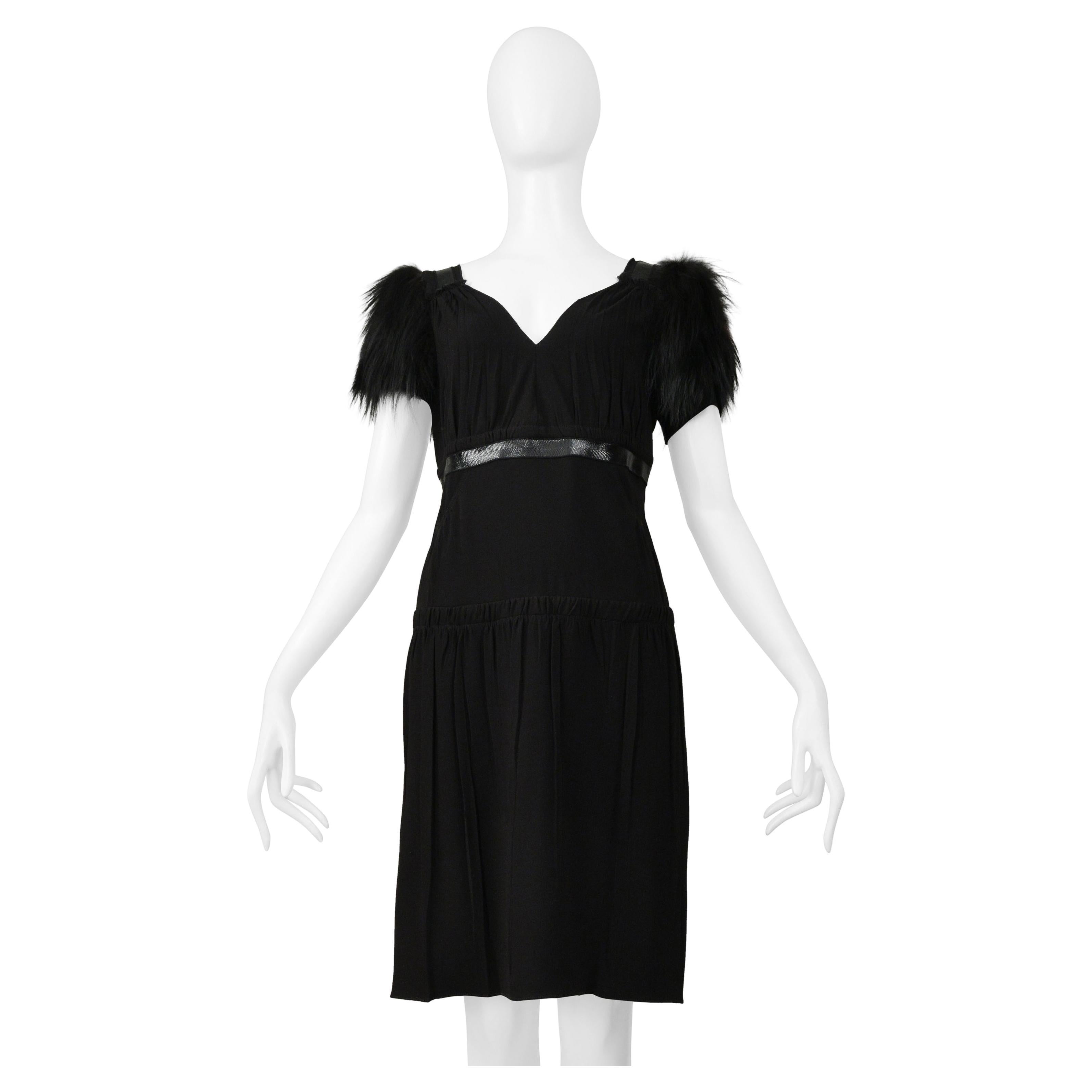 Prada Black Dress With Leather Trim & Fur Sleeves For Sale