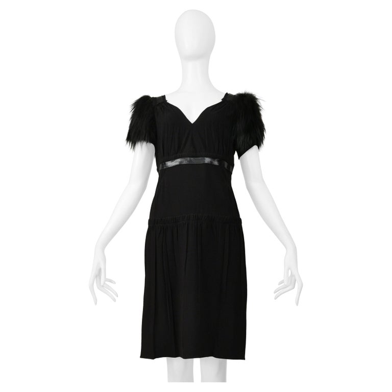 Prada Black Dress With Leather Trim and Fur Sleeves For Sale at 1stDibs