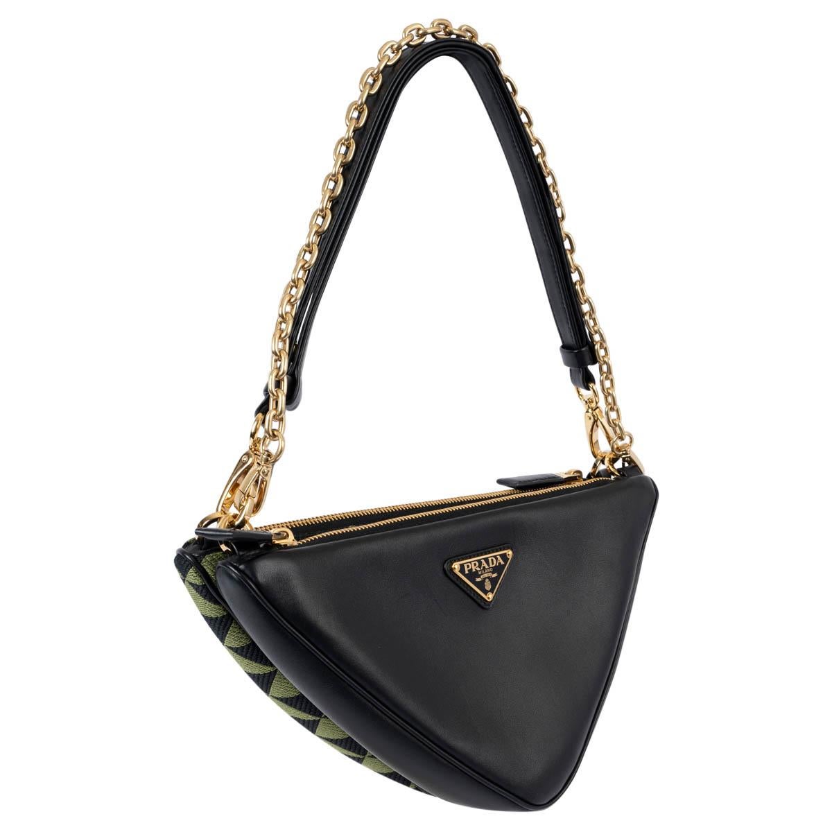 100% authentic Prada Triangle Mini double shoulder bag in triangular jacquard fabric Nero/Edera and black smooth lambskin featuring gold-tone hardware. The design features a detachable, adjustable chain and leather shoulder strap. Opens with a