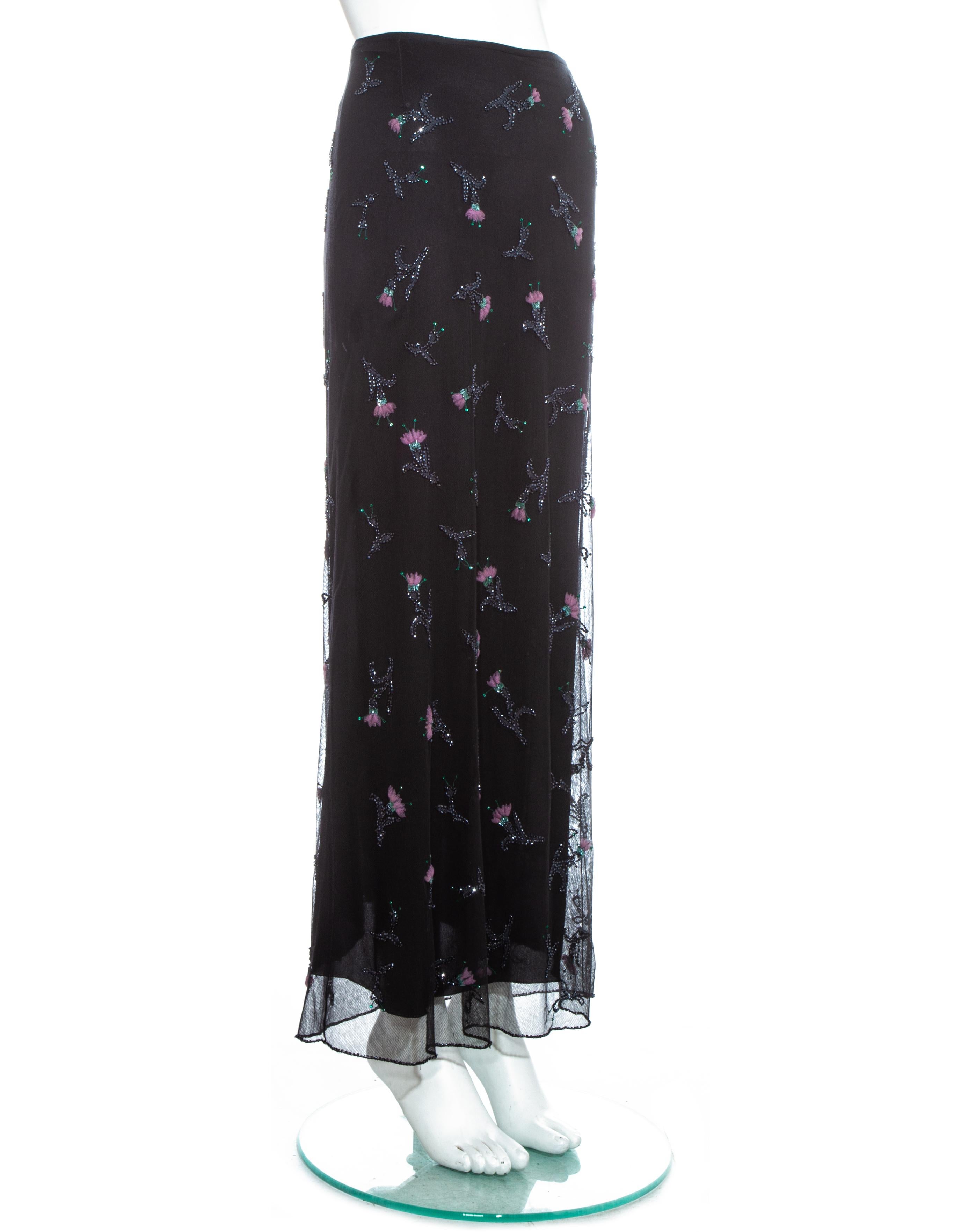 Prada black mesh maxi skirt with floral beading and embroidery.

Fall-Winter 1997