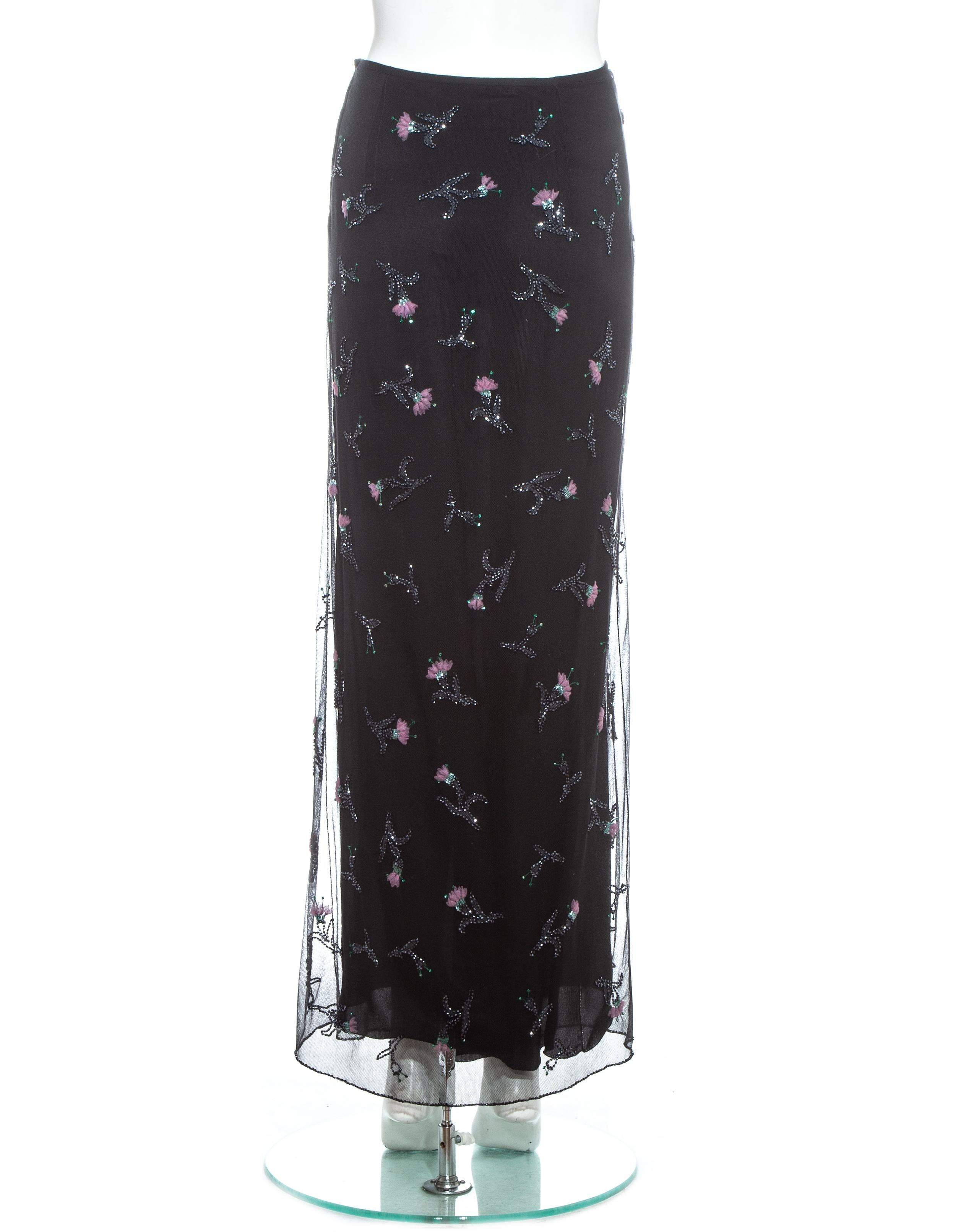 Black Prada black embroidered and beaded mesh maxi skirt, fw 1997