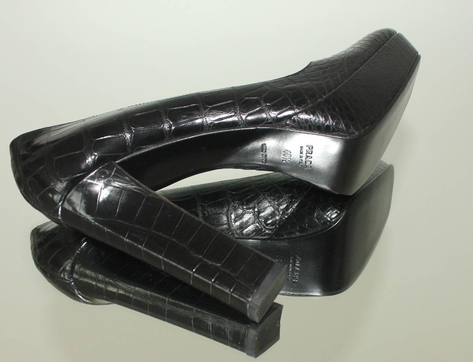 Women's NEW Prada Black Exotic Skin Crocodile Platform High Heels Pumps 40.5 For Sale