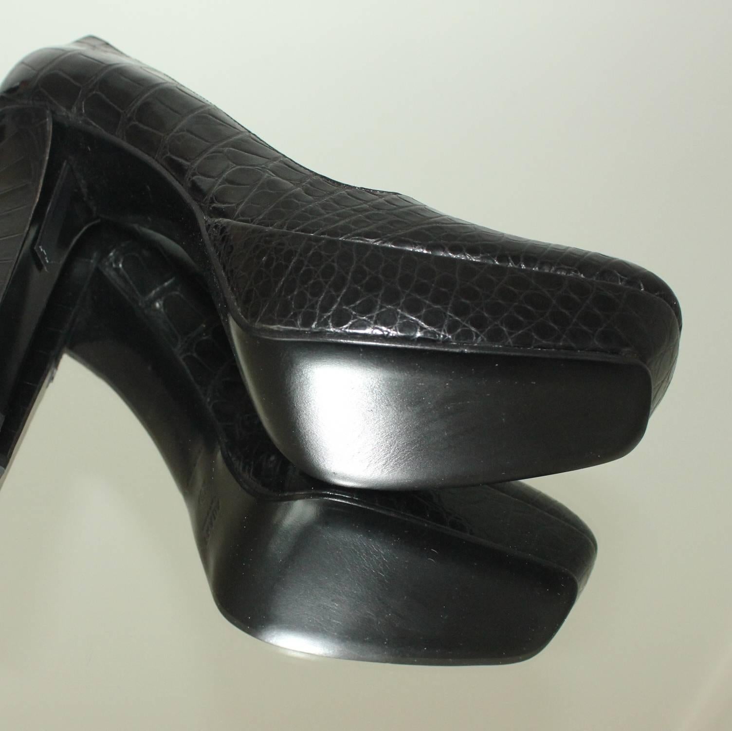 NEW Prada Black Exotic Skin Crocodile Platform High Heels Pumps 40.5 For Sale 1