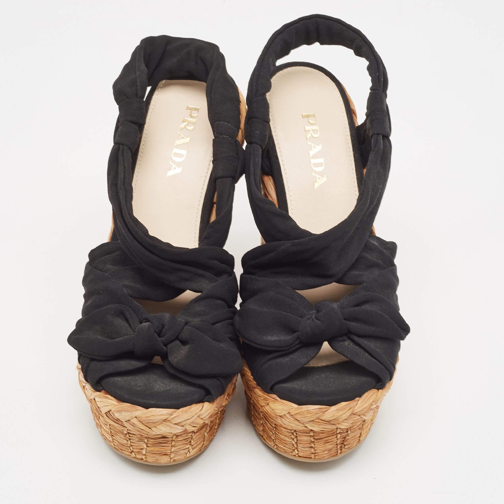 Brown Prada Black Fabric Knotted Bow Raffia Wedge Platform Sandals Size 36