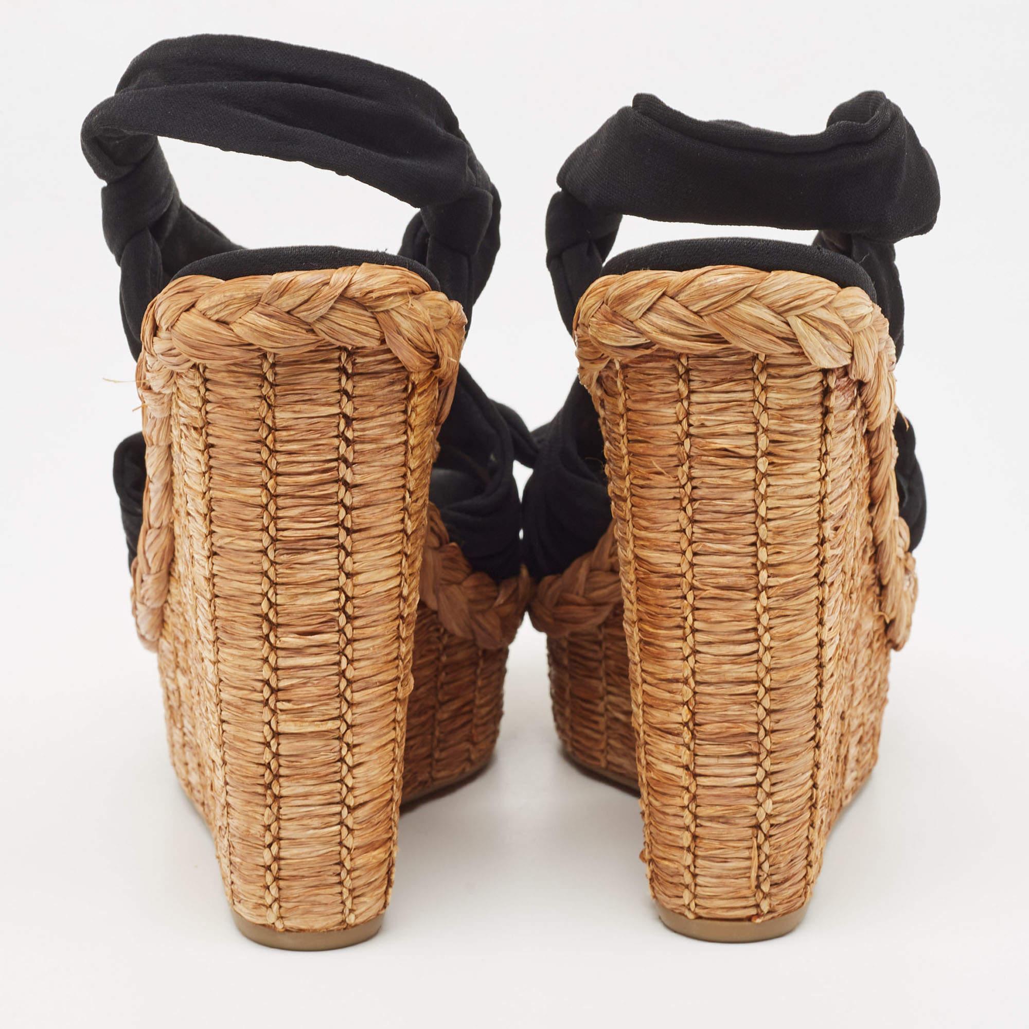 Women's Prada Black Fabric Knotted Bow Raffia Wedge Platform Sandals Size 36