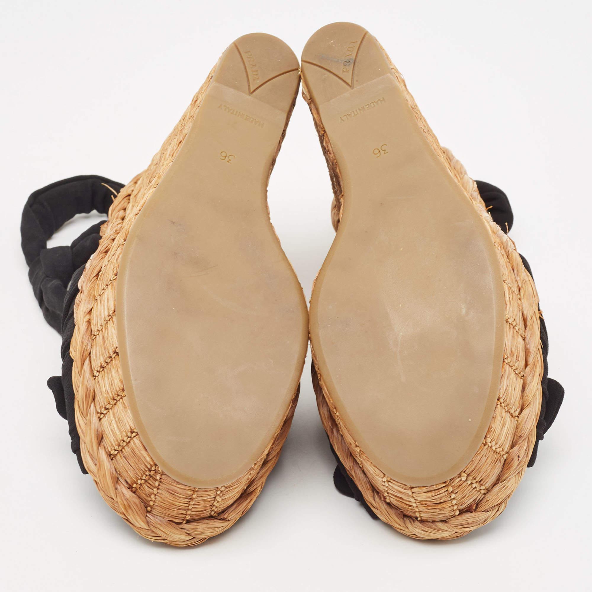 Prada Black Fabric Knotted Bow Raffia Wedge Platform Sandals Size 36 1