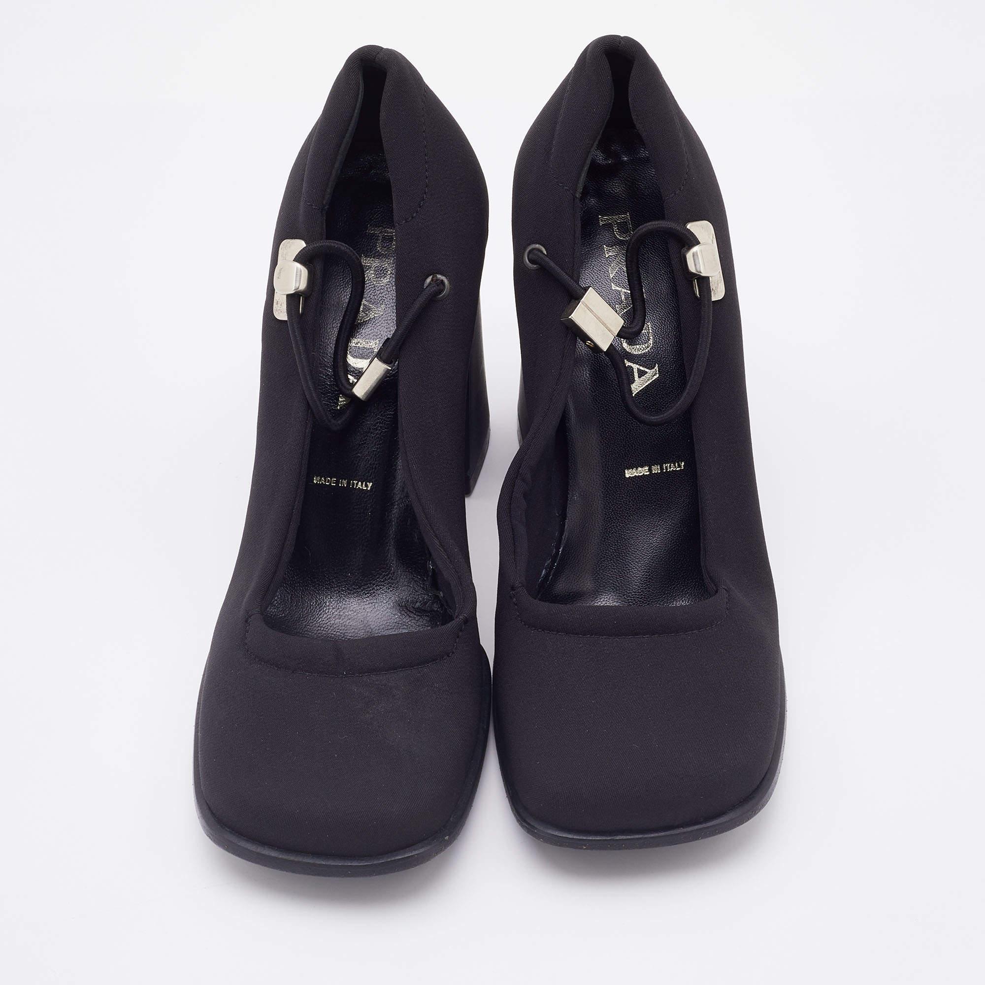 Women's Prada Black Fabric Square Toe Block Heel Mary Jane Pumps Size 35
