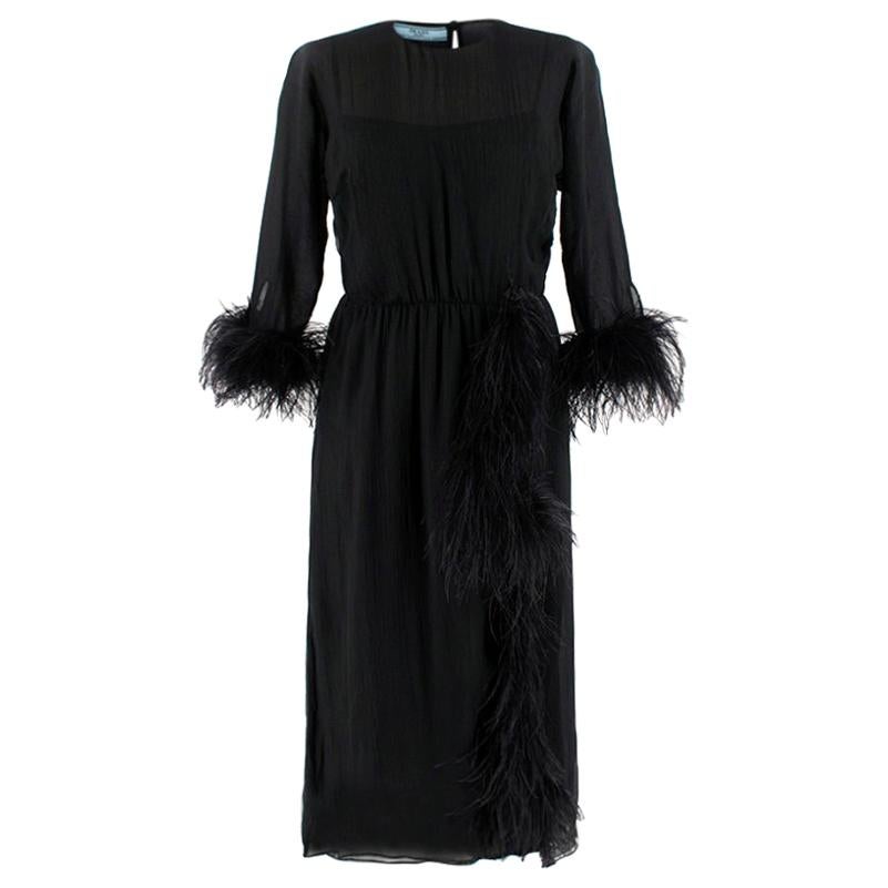 Prada Black Feather-trimmed silk-georgette lightweight midi dress XS 40