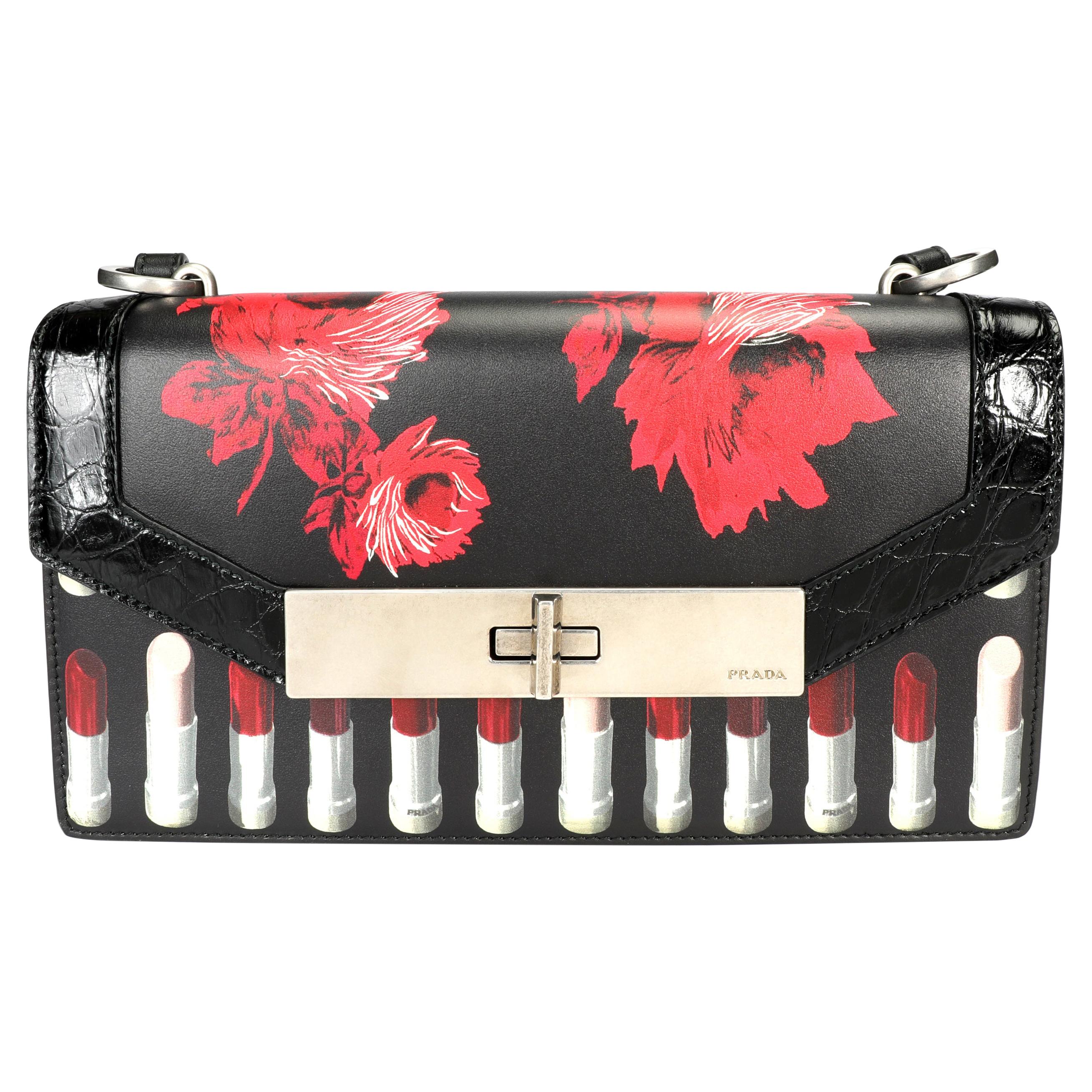 Prada Black Floral and Lipstick Print Leather Séverine Bag For Sale at  1stDibs