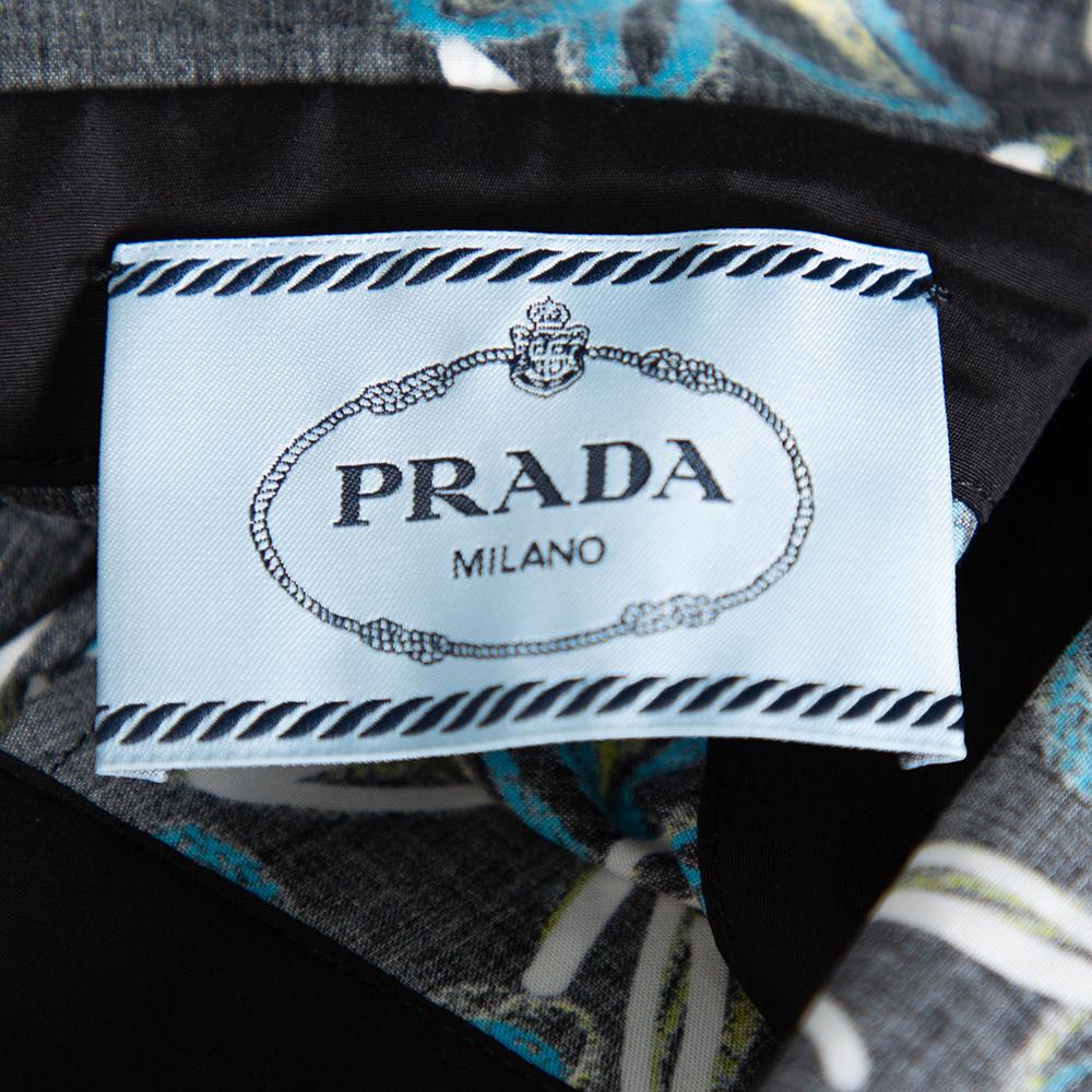 Prada Black Floral Printed Cotton Faux Wrap Flared Midi Dress L 1