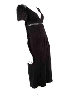 Prada Black Fox-Fur Shoulder Trim Midi Dress Size M