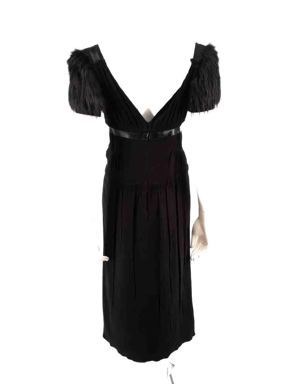 Prada Black Fox-Fur Shoulder Trim Midi Dress Size M In Good Condition For Sale In London, GB