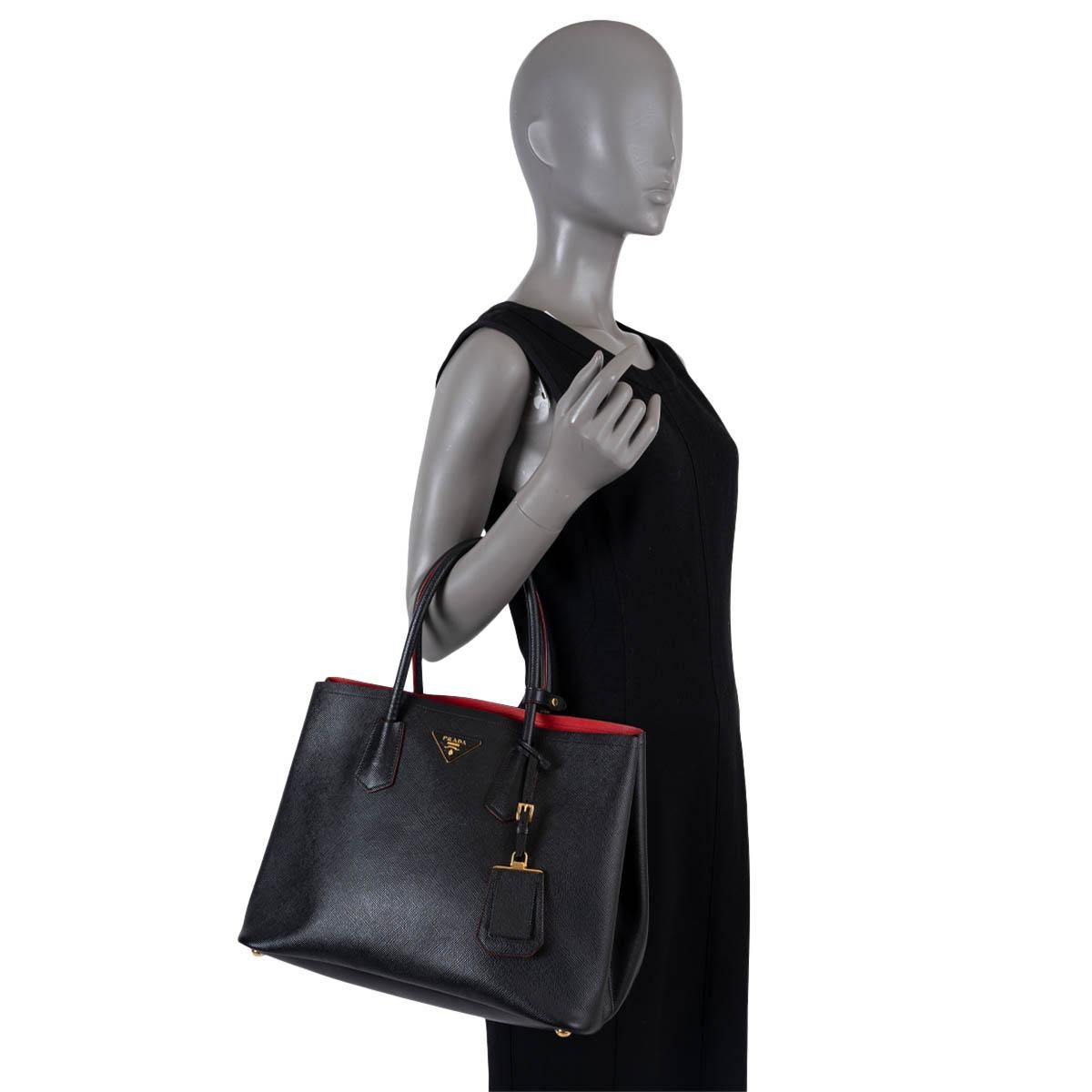 PRADA black / Fuoco red Saffiano leather LARGE DOUBLE Tote Bag For Sale 2