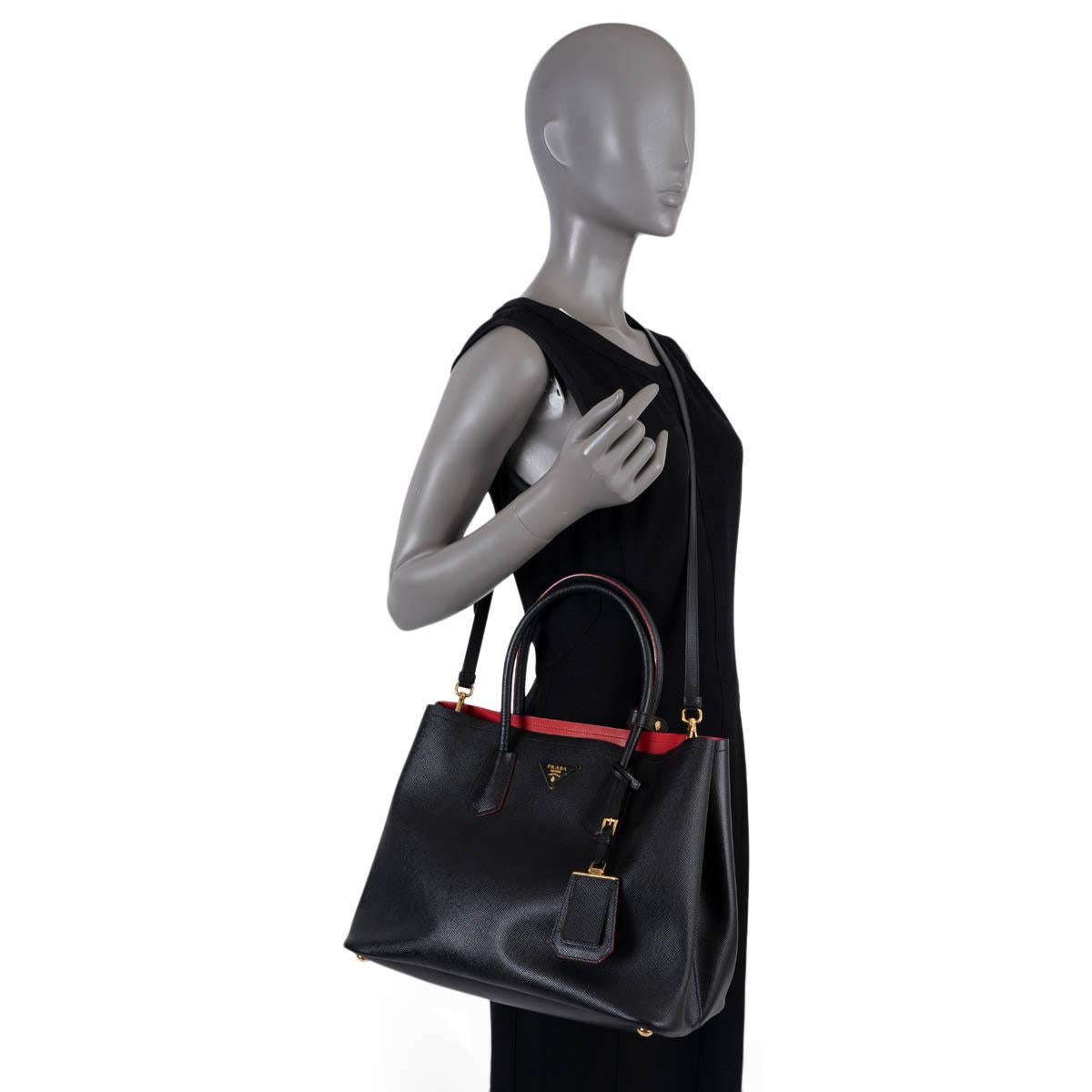 PRADA black / Fuoco red Saffiano leather LARGE DOUBLE Tote Bag For Sale 3
