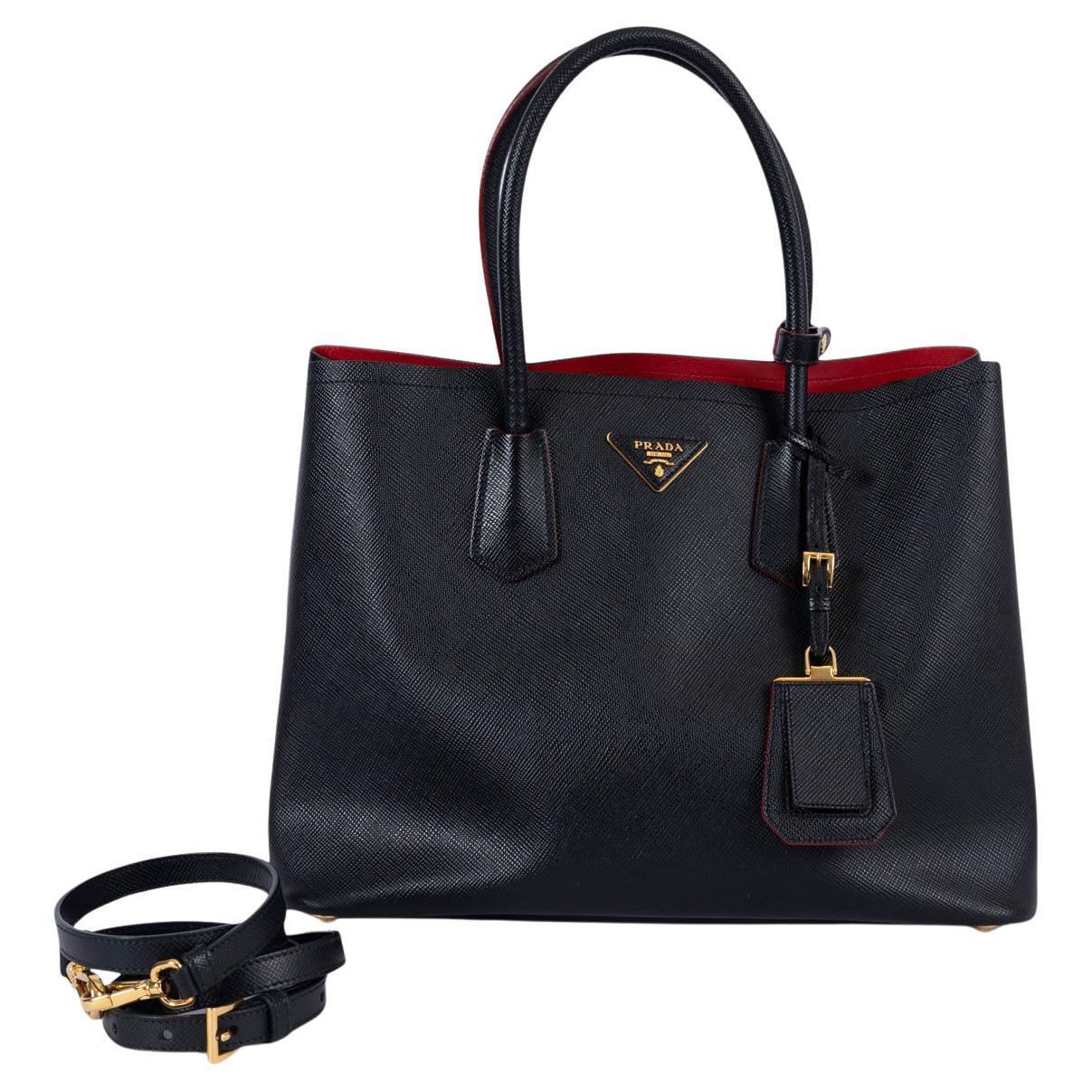 PRADA black / Fuoco red Saffiano leather LARGE DOUBLE Tote Bag For Sale