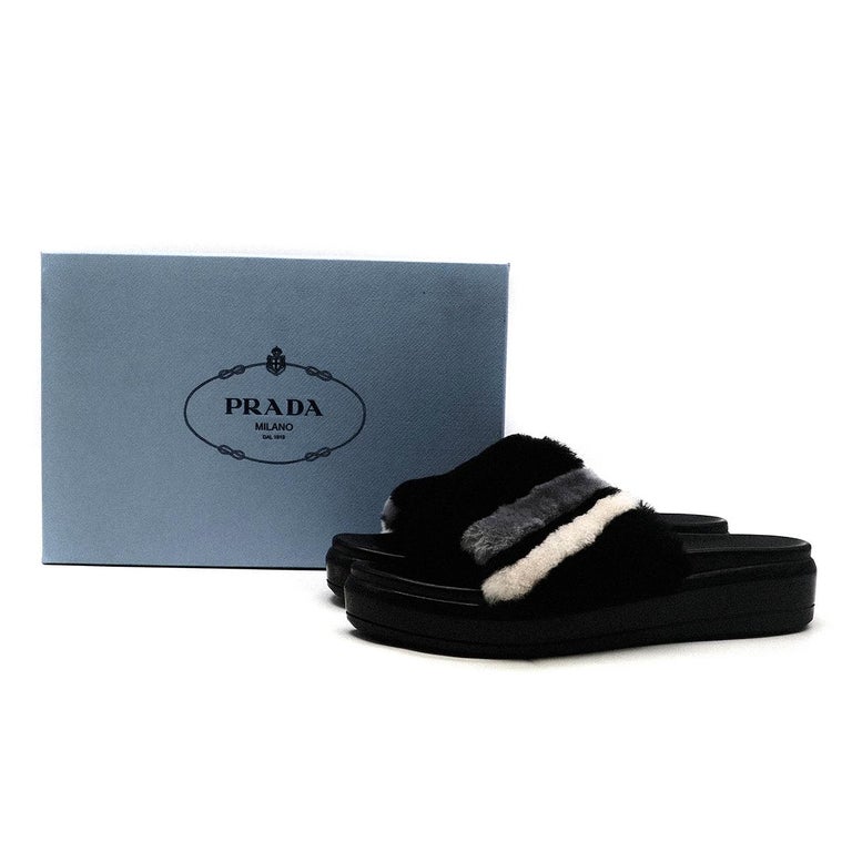 Prada Black Fur Platform Slide Sandals US 9 at 1stDibs
