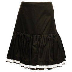 Prada Black Gathered Skirt with Ruffle Hem,  White Lace Trim 44 EU